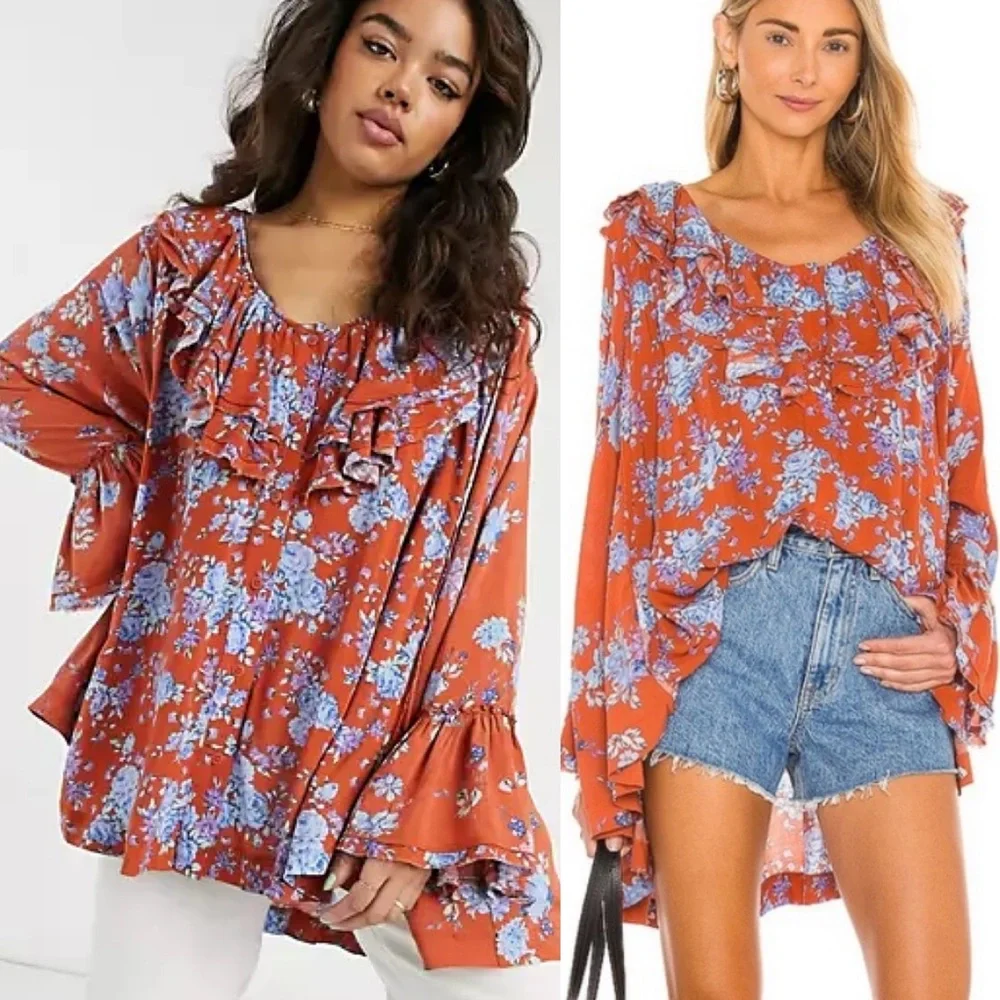 Free People Loretta Floral Print Tunic Orange Blue Oversized Ruffle Neck Large